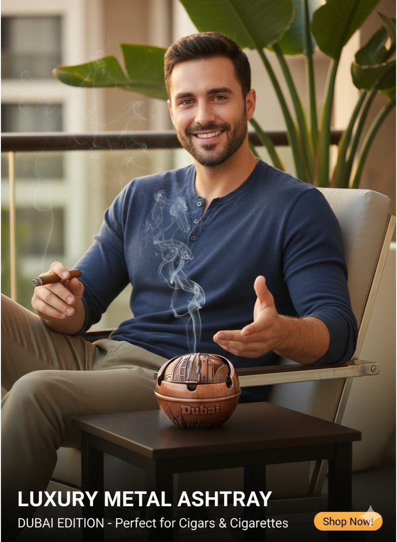 منفضة سجائر معدنية فاخرة من إصدار دبي - تصميم كروي من البرونز العتيق مع غطاء - Image 3